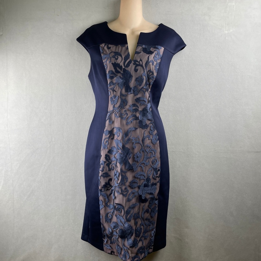 Connected Apparel Navy Blue Lace Inset Sheath Dress Floral Appliqués Elegant W 8